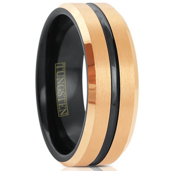 EXQUISITE TWO-TONE ROSE GOLD TUNGSTEN BAND W/ RECESSED BLACK STRIPE - Picture 1 of 4